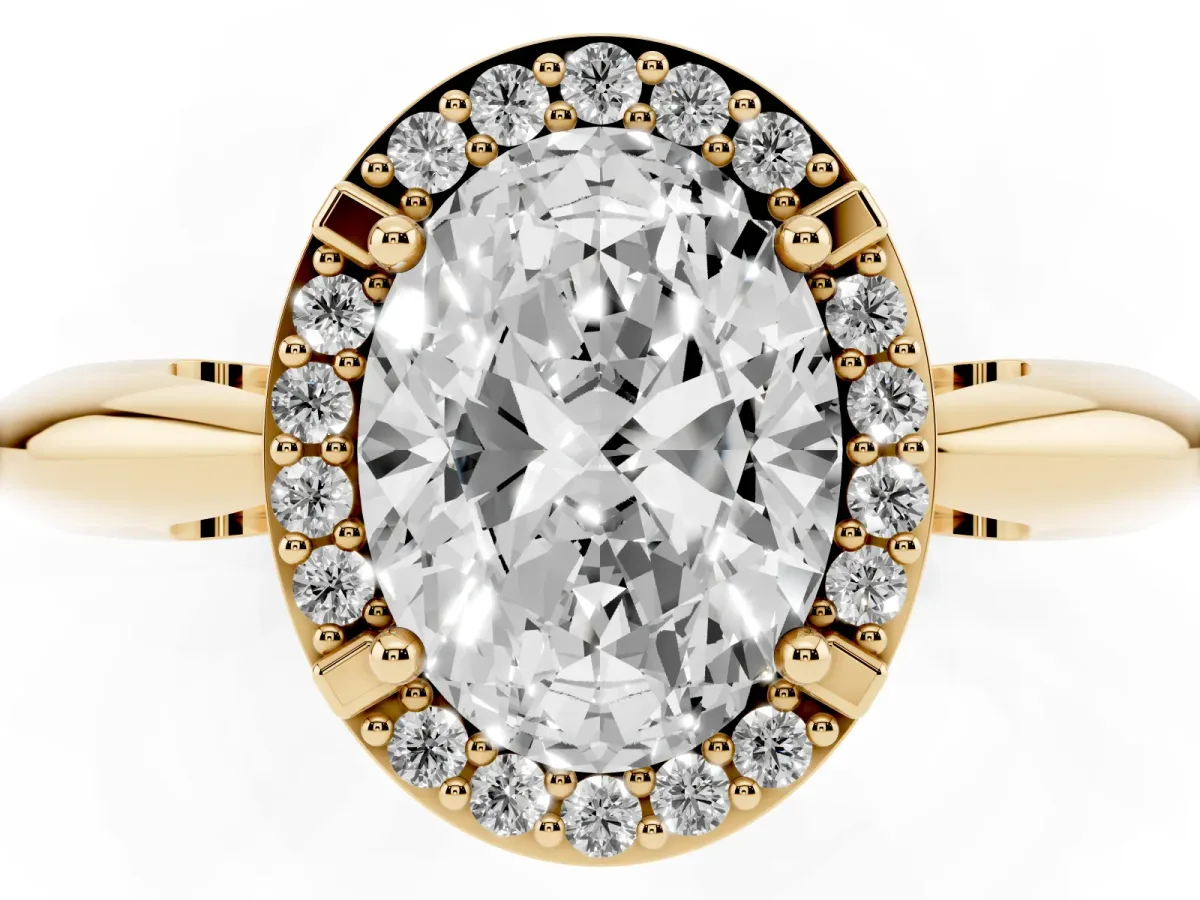 Oval Cut Cut Diamond Halo Engagement Ring with Split Shank and Four-Prong Setting Yellow gold