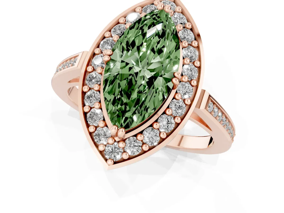 Fancy Green Marquise Cut Diamond Halo Ring with Split Shank and Four-Prong Setting Rose gold