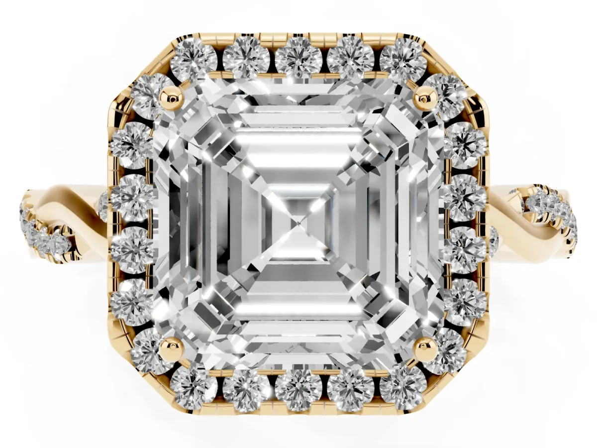 Asscher Cut Halo Twist Band Solitaire Ring Yellow gold