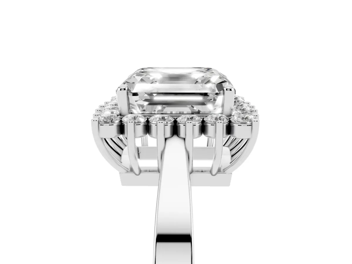 Asscher Cut Cut Diamond Halo Ring with Round Brilliant Halo and Solitaire Band Silver