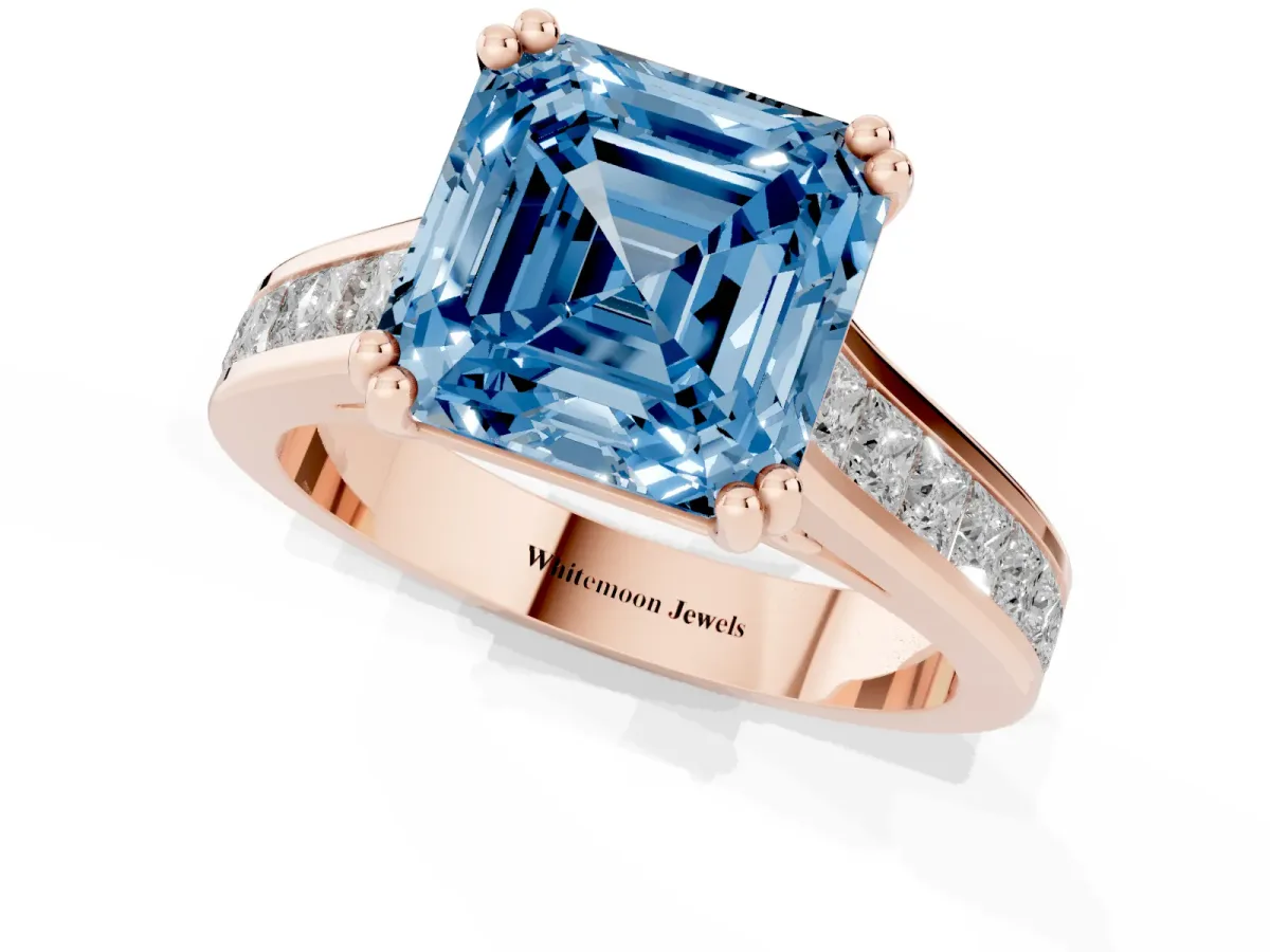 Fancy Blue Asscher Cut Cut Channel Set Solitaire Engagement Ring with Prong Setting Rose gold