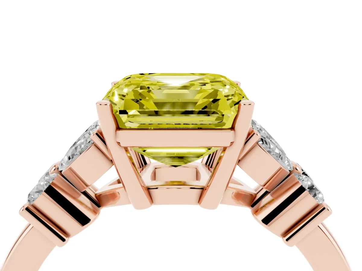 Fancy Yellow Asscher Cut Diamond Floral Cluster Ring with Solitaire Band and Prong Setting Rose gold