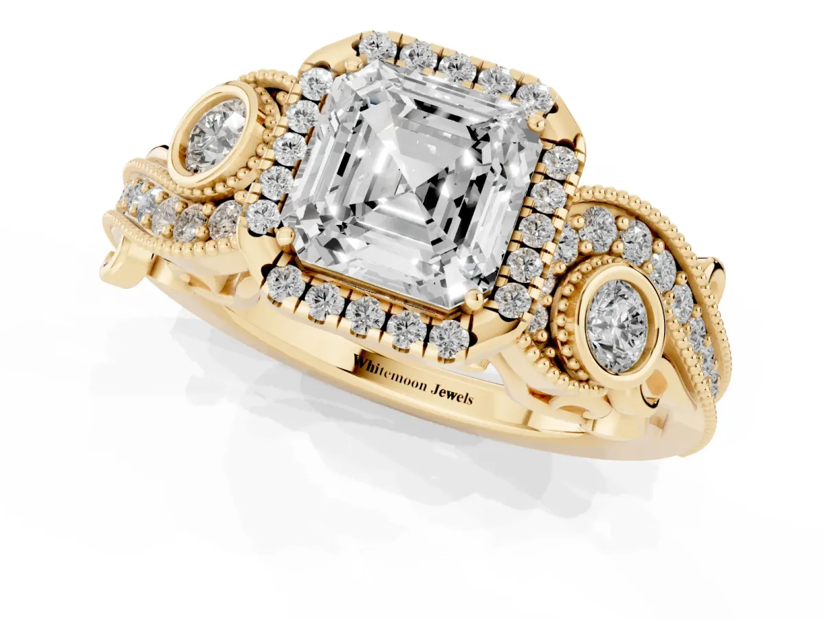 Asscher Cut Halo Diamond Ring with Milgrain and Bezel Accents on a Split Shank Band Yellow gold