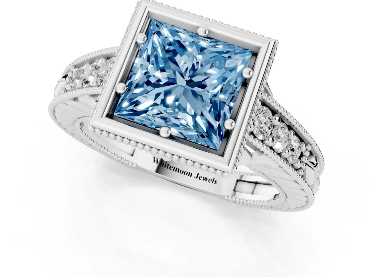 Fancy Blue Bezel Set Princess Cut Diamond Milgrain Pave Engagement Ring Silver