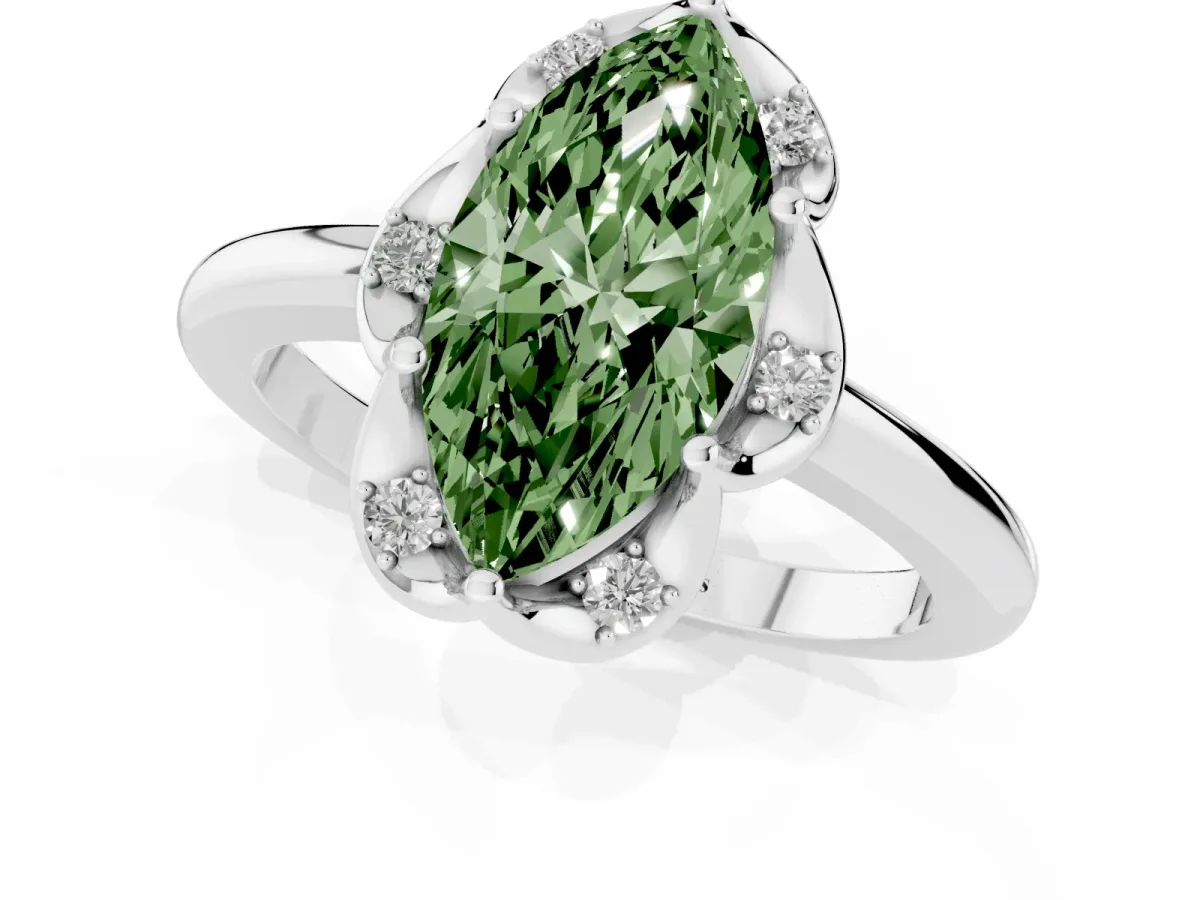 Fancy Green Marquise Cut Halo Diamond Ring with Round Cluster Setting, Solitaire Band, and Four-Prong Setting Silver