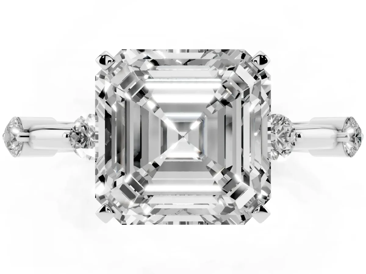 Asscher Cut Solitaire Diamond Ring with Bezel Set Side Stones and Prong Setting Platinum
