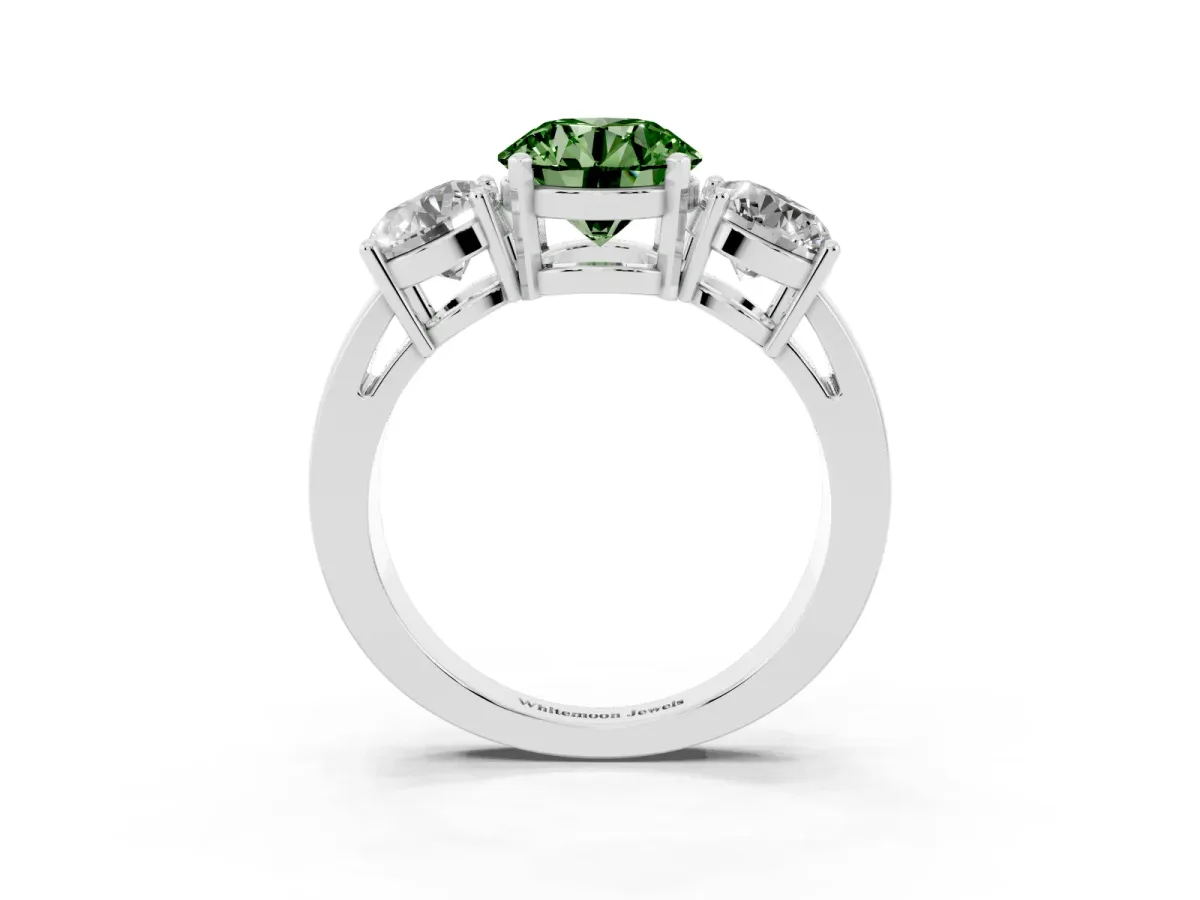 Fancy Green Three-Stone Round Cut Diamond Ring with Round Side Stones, Classic Band, and Four-Prong Setting Silver
