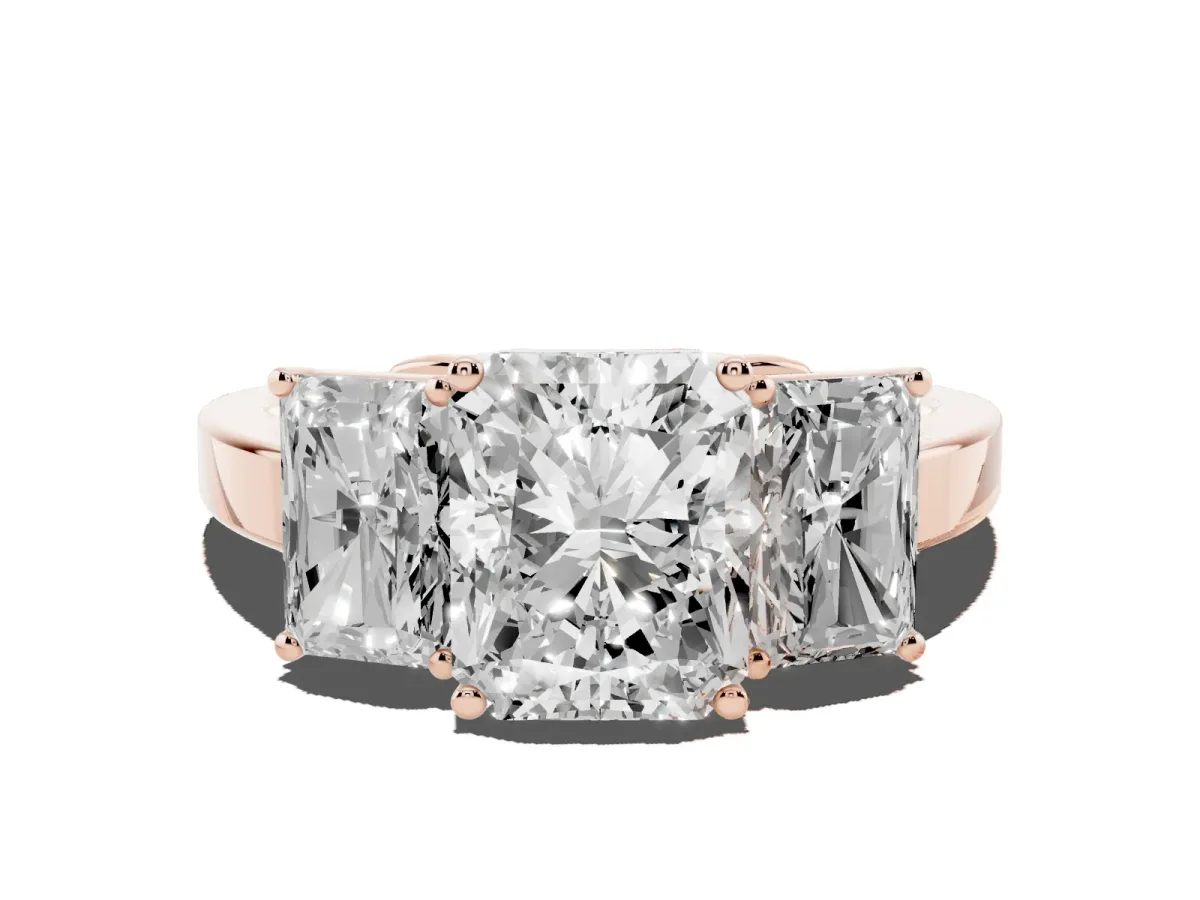 Three-Stone Radiant Cut Cut Diamond Engagement Ring with Flat Band and Four-Prong Setting Rose gold