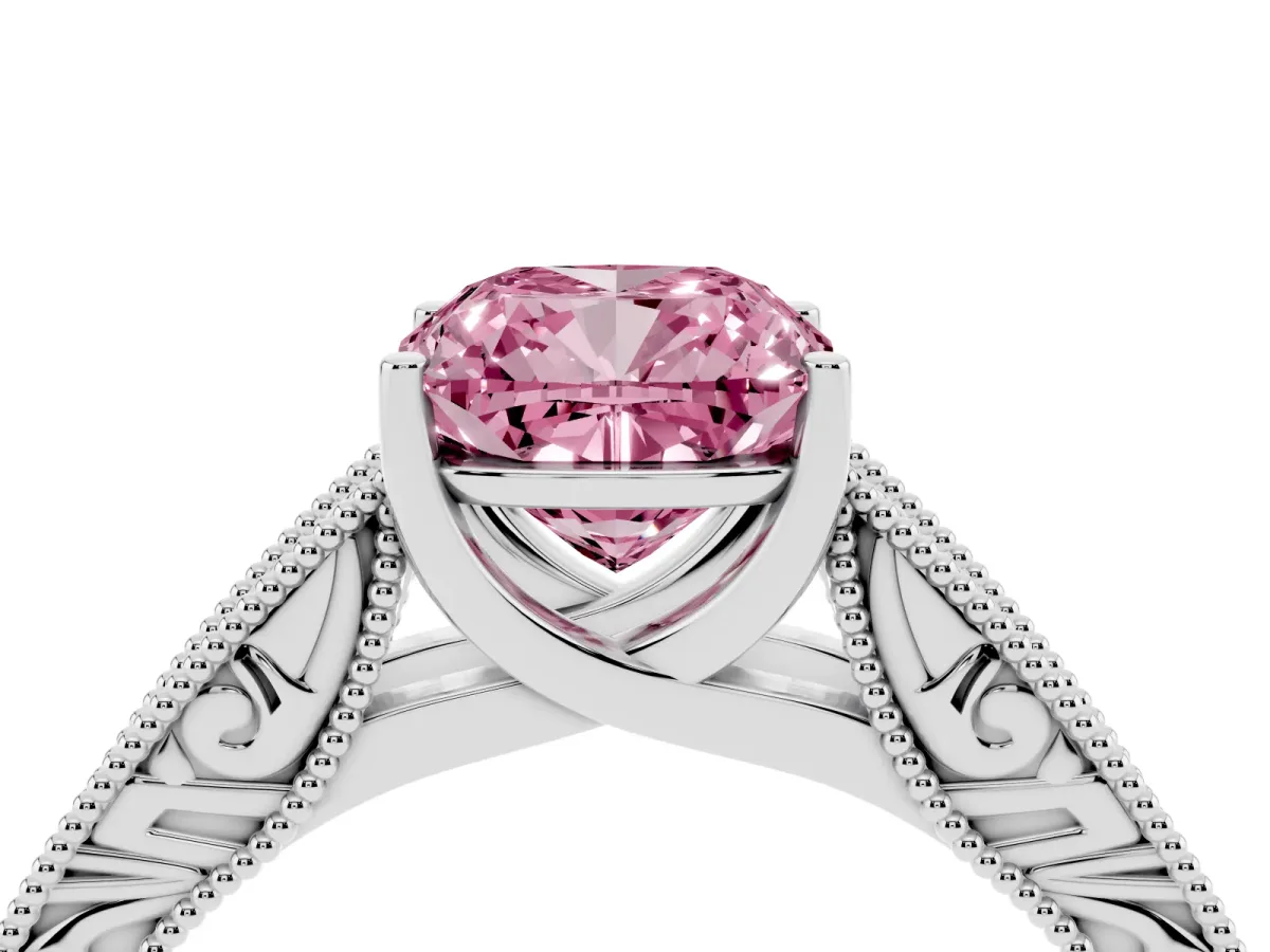 Fancy Pink Cushion Cut Diamond Solitaire Ring with Engraved Band and Four-Prong Setting Silver