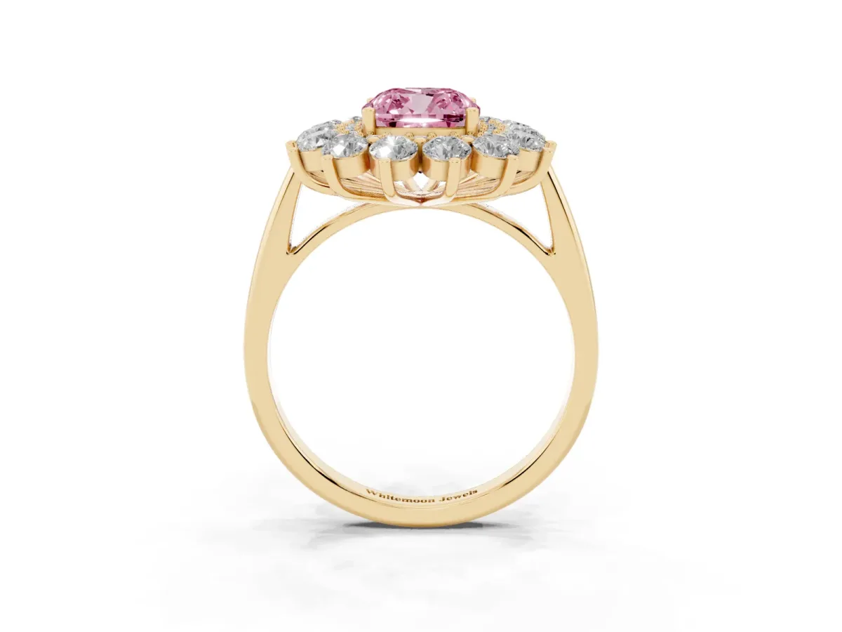 Fancy Pink Cushion Cut Diamond Floral Double Halo Engagement Ring with Prong Setting Yellow gold