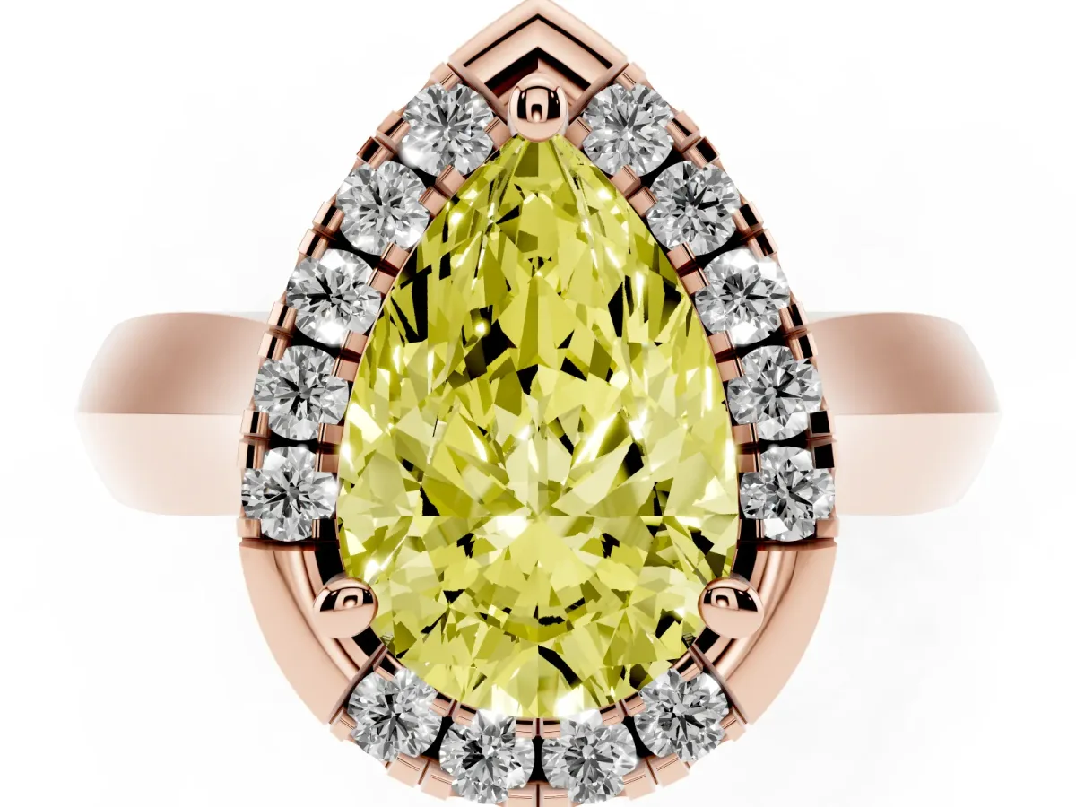 Fancy Yellow Pear Cut Cut Halo Solitaire Engagement Ring with Square Band and Four-Prong Setting Rose gold