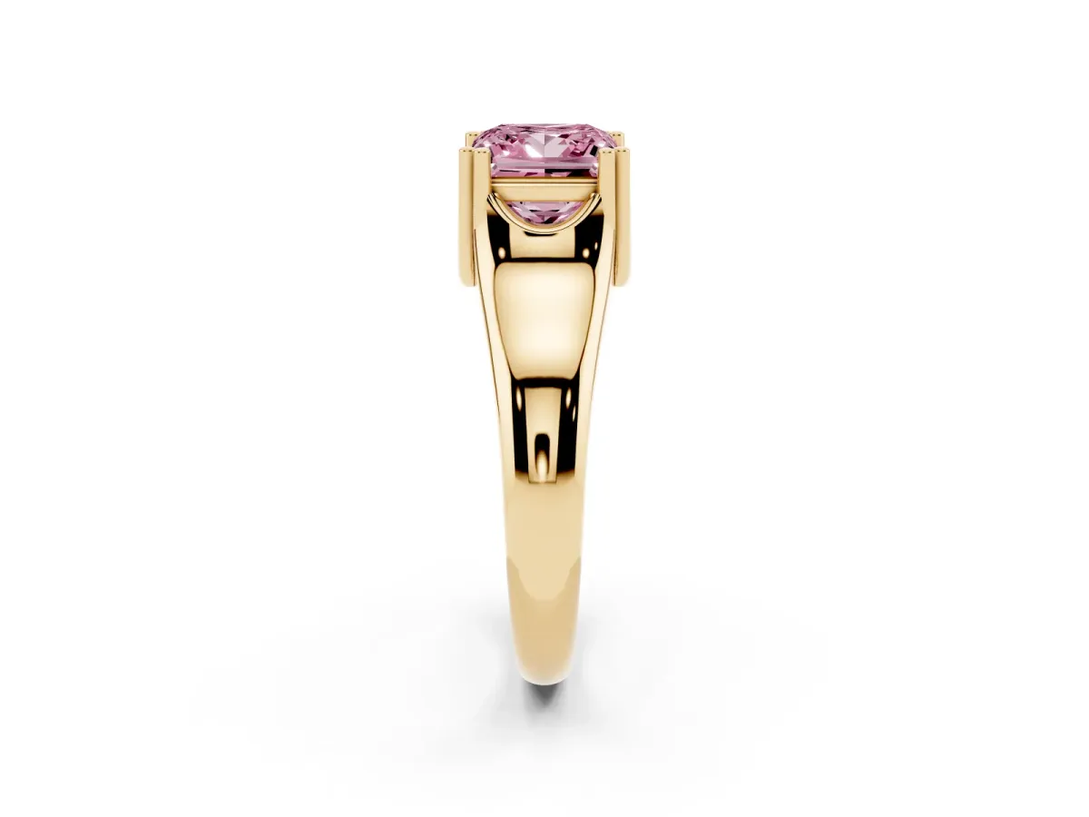 Fancy Pink Princess Cut Diamond Solitaire Ring with Wide Band and Prong Setting Yellow gold