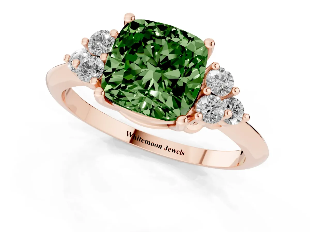 Fancy Green Cushion Cut Cut Diamond Cluster Ring with Solitaire Band and Four-Prong Setting Rose gold