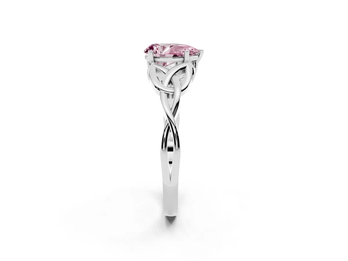 Fancy Pink Pear Cut Diamond Solitaire Engagement Ring with Celtic Knot Band and Four-Prong Setting Silver