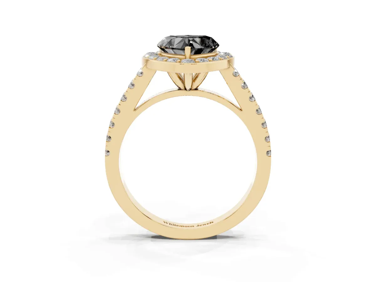 Fancy Black Heart Cut Diamond Halo Ring with Round Pavé Split Shank and Prong Setting Yellow gold