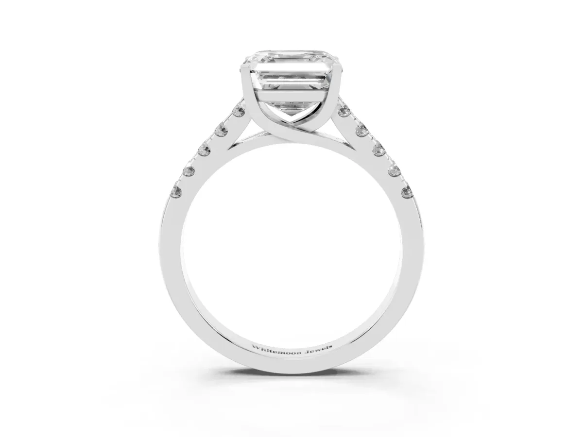 Asscher Cut Diamond Pavé Band Solitaire Ring with Prong Setting Silver