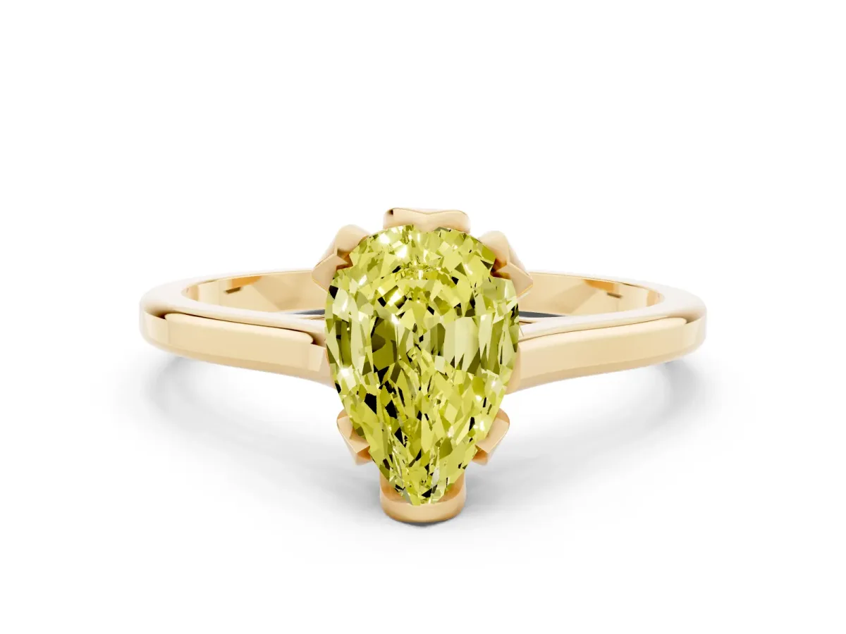 Fancy Yellow Pear Cut Diamond Solitaire Ring with Flower Prong Setting and Classic Band Yellow gold