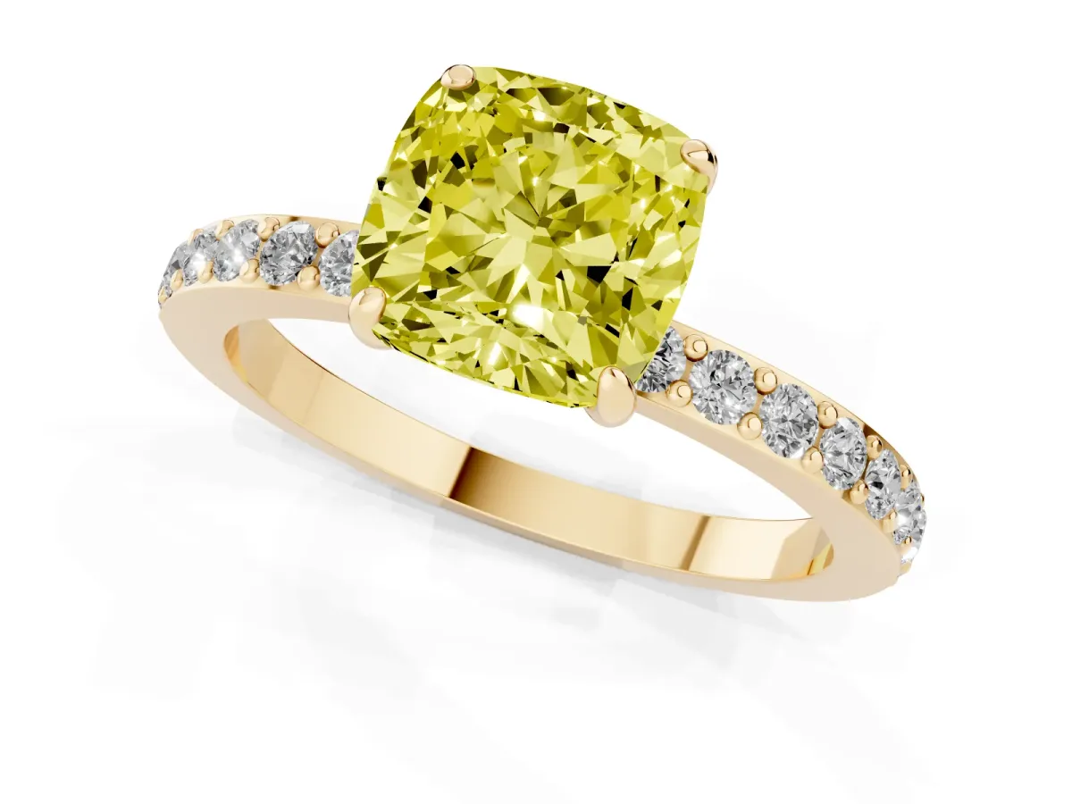 Fancy Yellow Cushion Cut Diamond Solitaire Engagement Ring with Pavé Band and Four-Prong Setting Yellow gold
