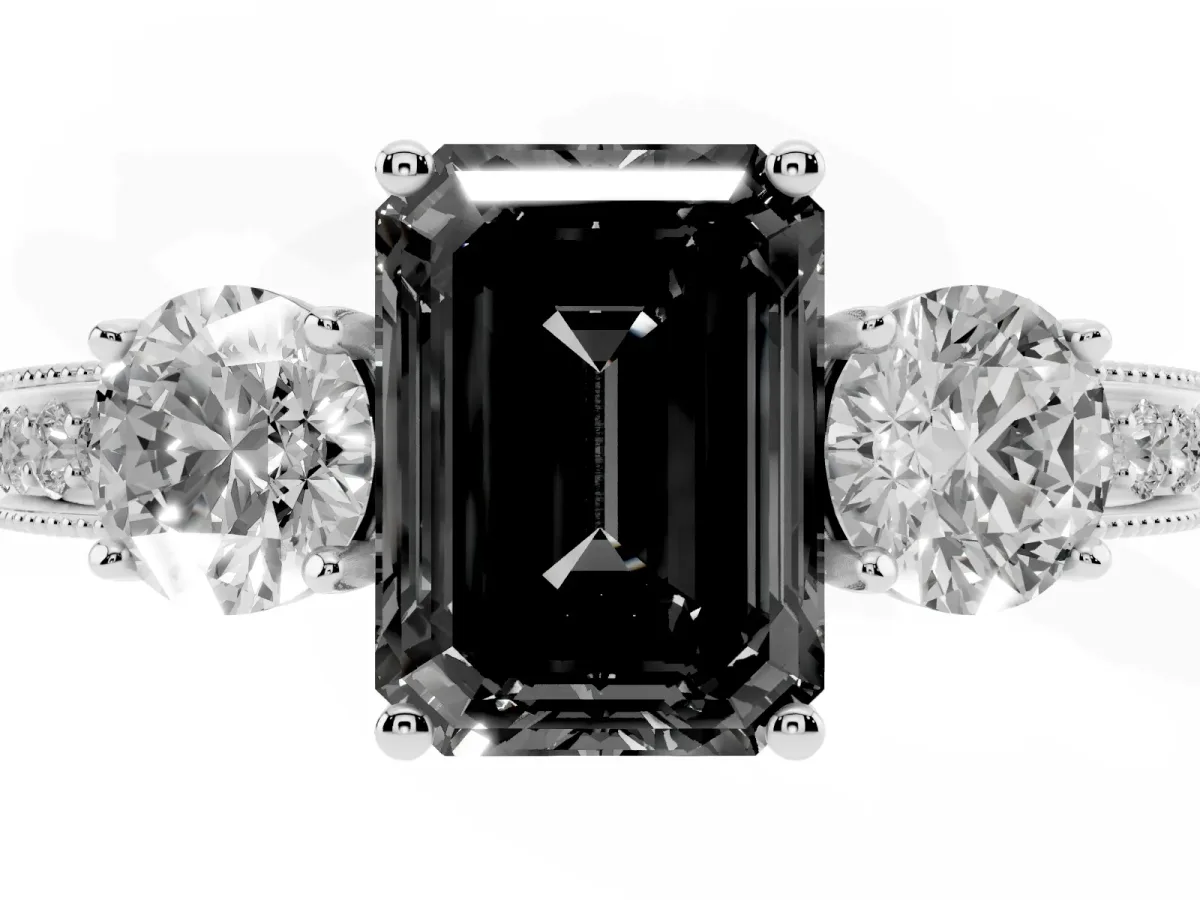 Fancy Black Emerald Cut Three-Stone Diamond Ring with Pavé Band and Four-Prong Setting Silver