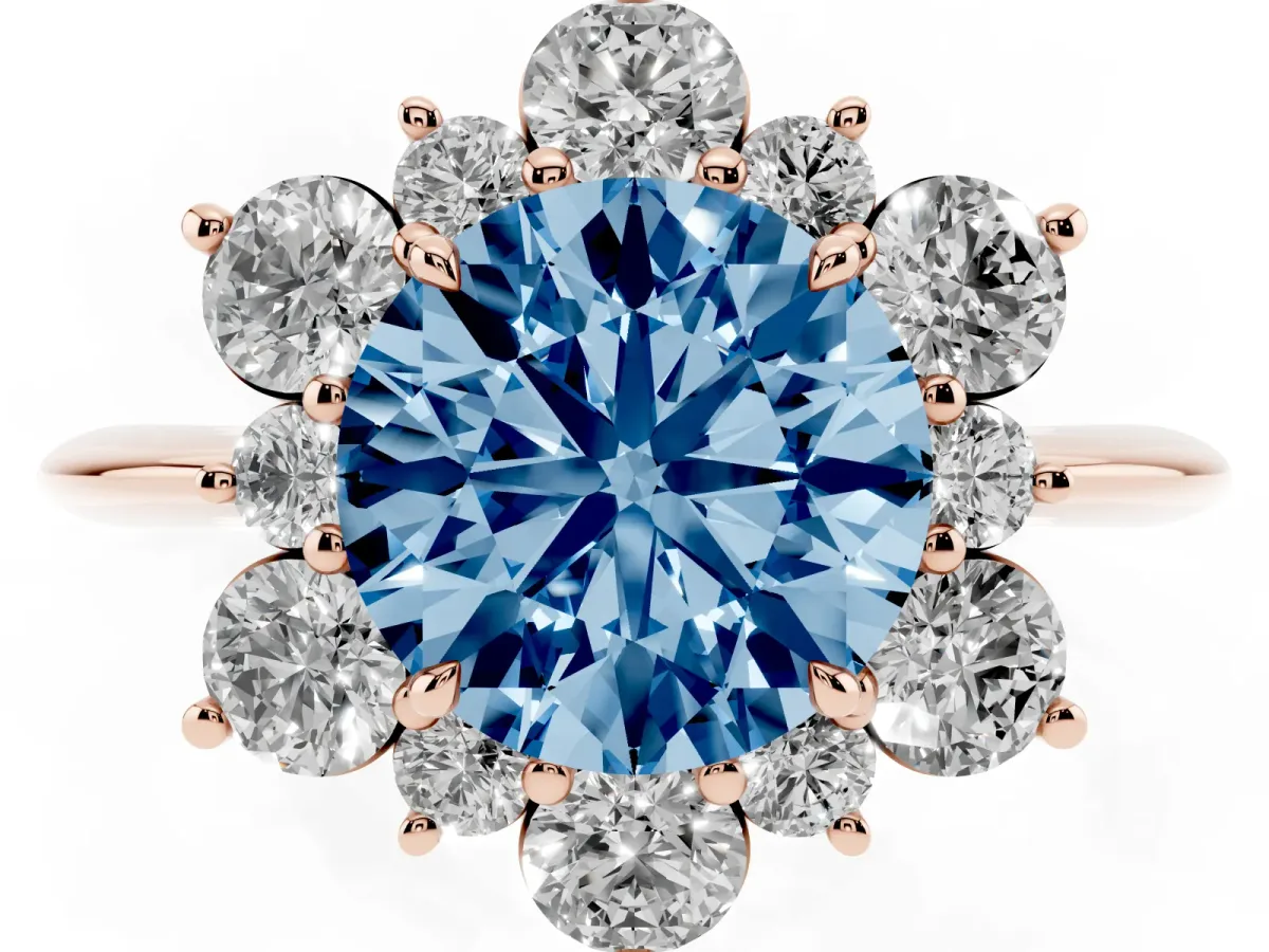 Fancy Blue Round Cut Diamond Cluster Halo Ring with Solitaire Band and Four-Prong Setting Rose gold