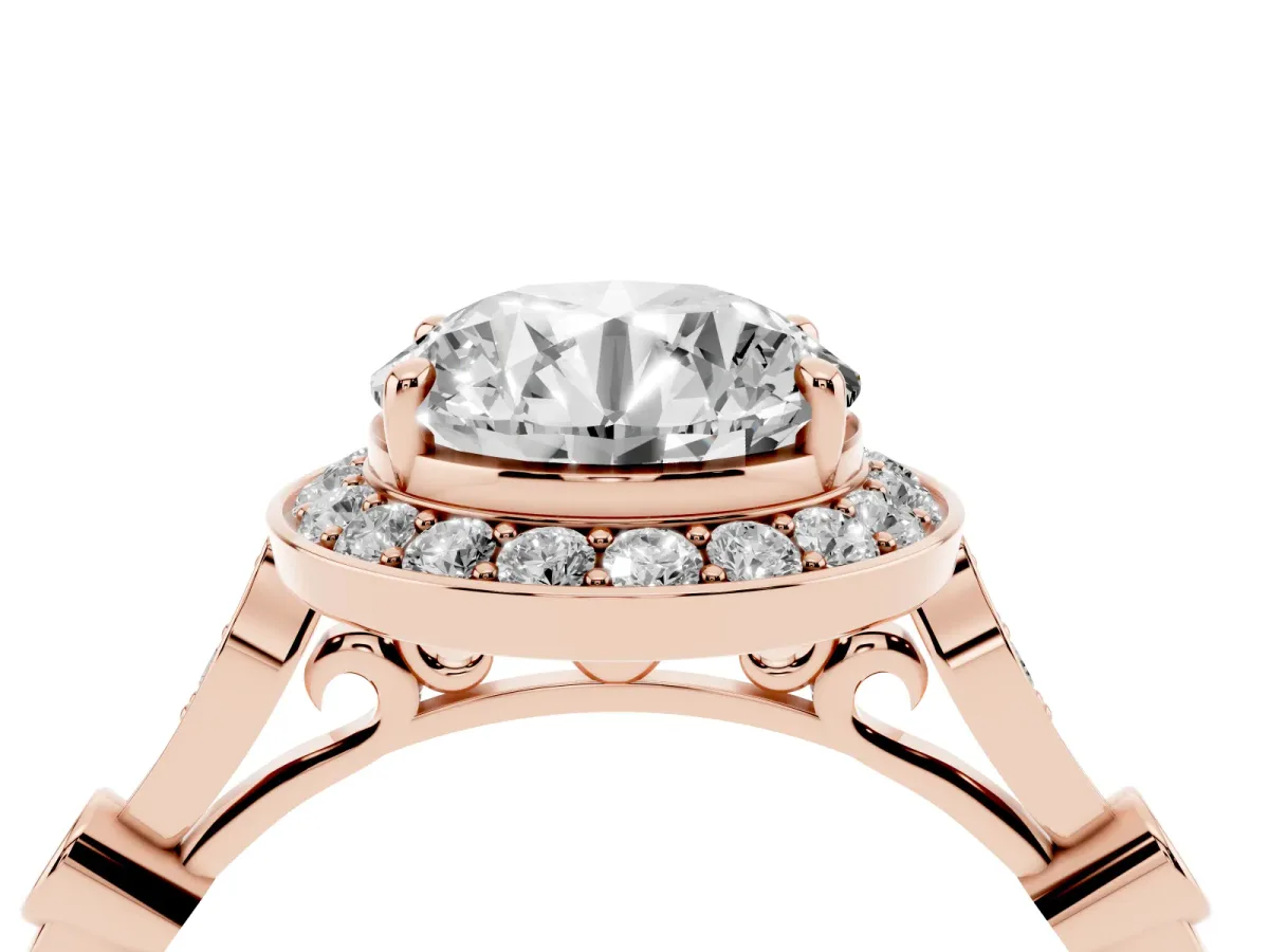 Round Cut Halo Diamond Engagement Ring with Twisted Band and Four-Prong Setting Rose gold