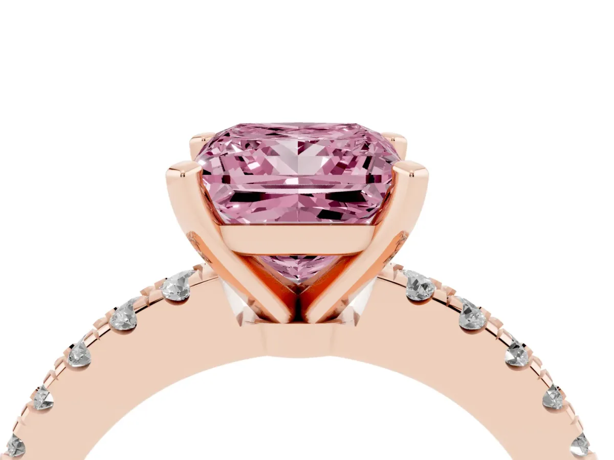 Fancy Pink Princess Cut Solitaire Diamond with Pavé Band and Four-Prong Setting Rose gold