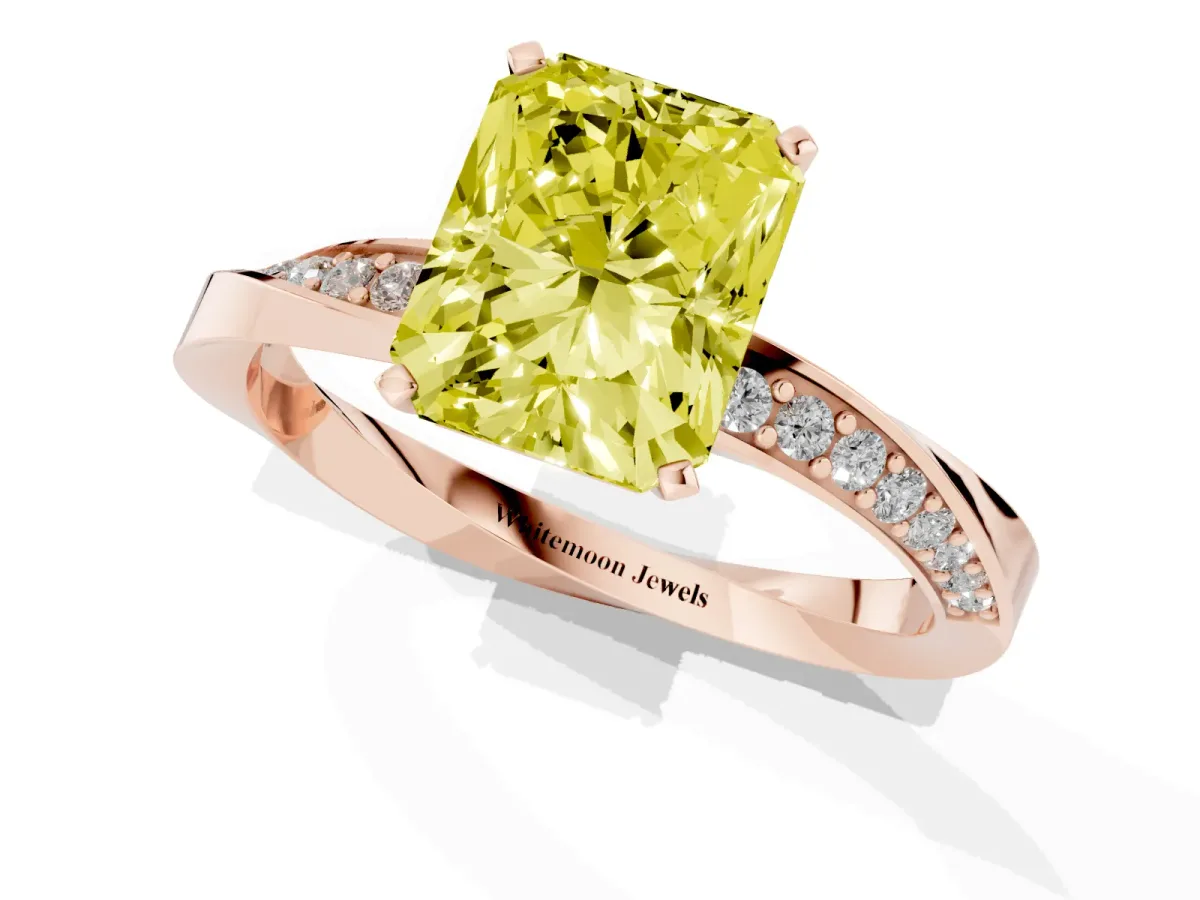 Fancy Yellow Radiant Cut Diamond Engagement Ring with Side Stone Accents and Four-Prong Setting Rose gold