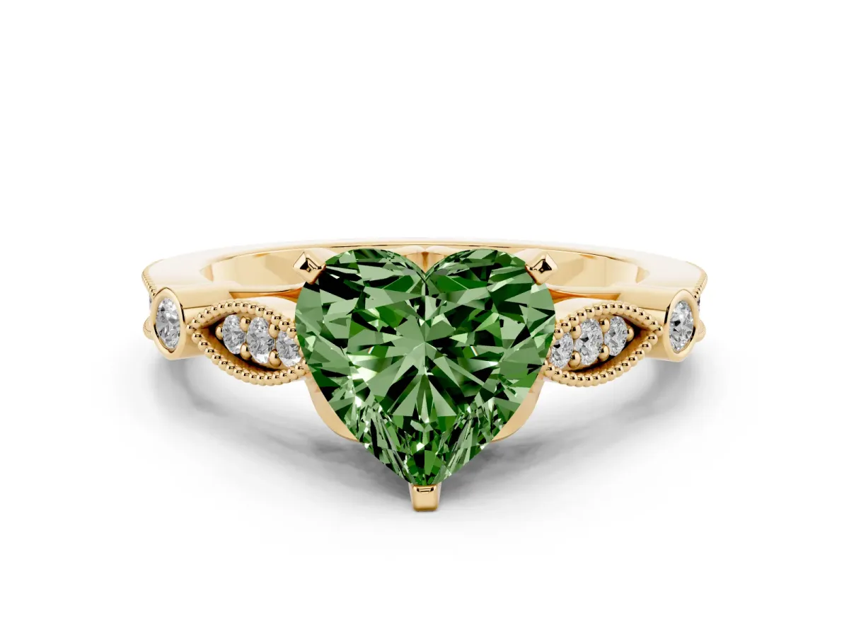 Fancy Green Heart Cut Cut Diamond with Milgrain Marquise and Bezel Accents on a Solitaire Band with Prong Setting Yellow gold