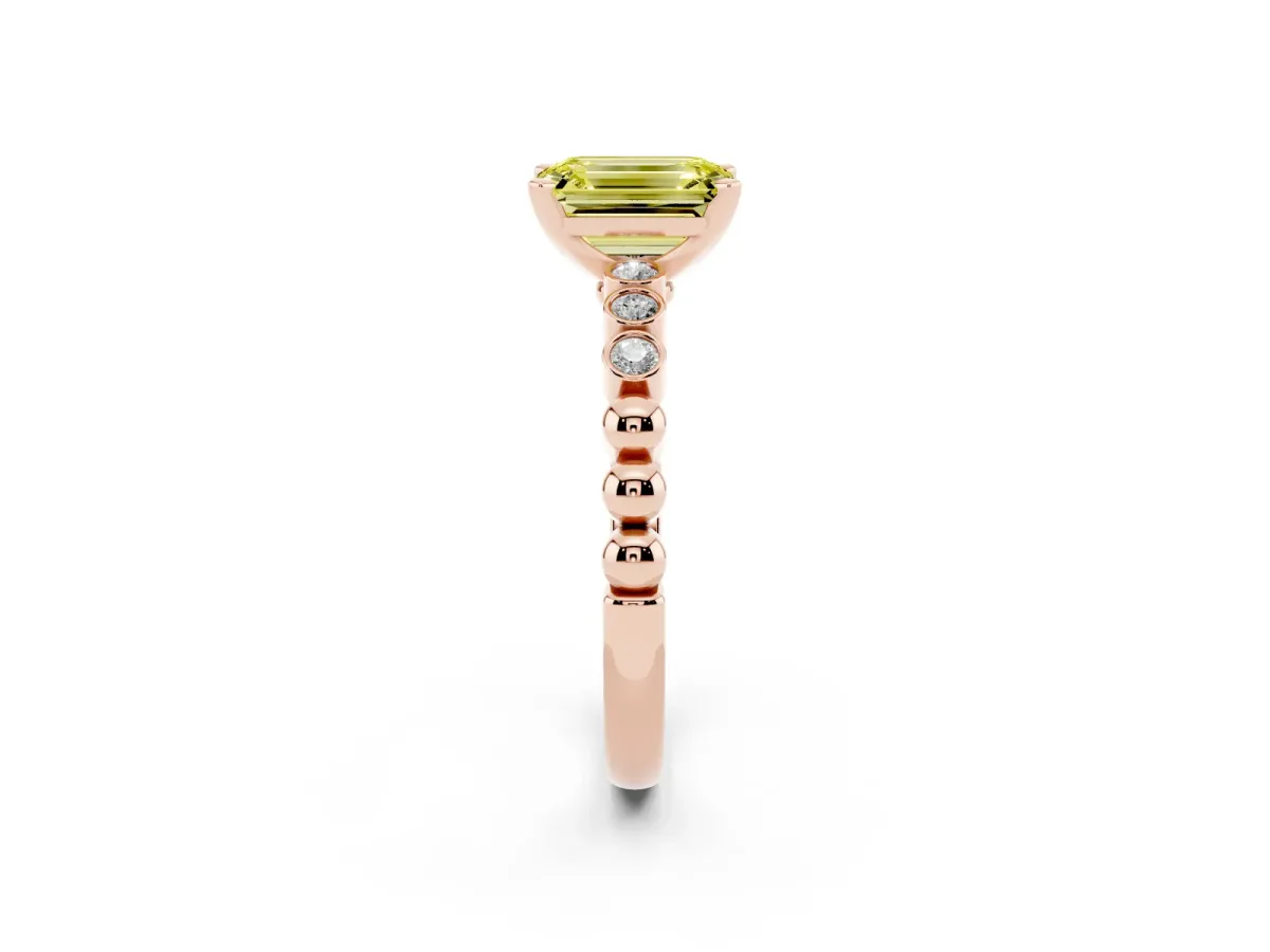 Fancy Yellow Emerald Cut Solitaire Bezel Accent Diamond Engagement Ring with Beaded Band and Four-Prong Setting Rose gold