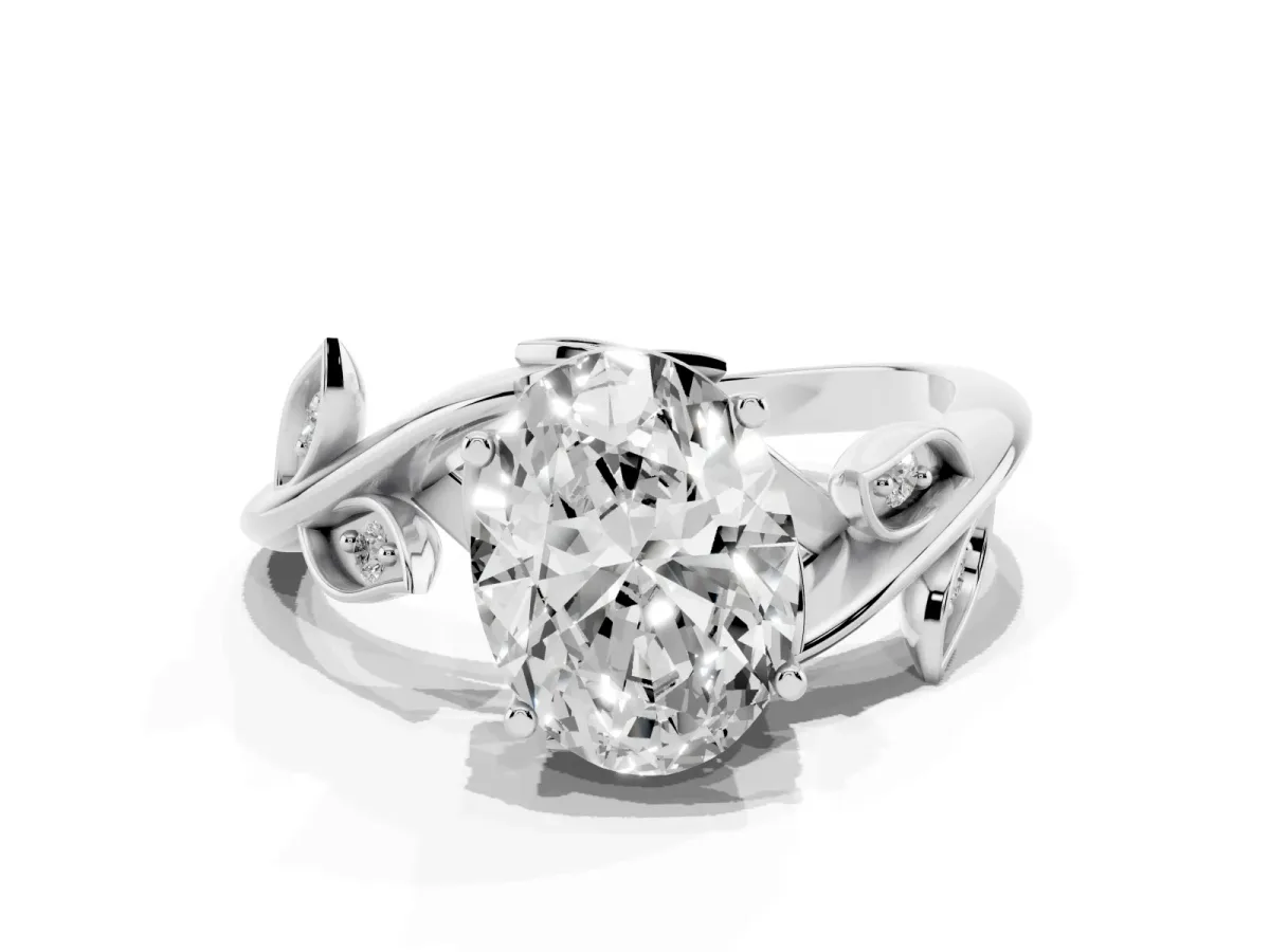 Oval Cut Solitaire Twist Engagement Ring with Leaf Accents and Prong Setting Silver