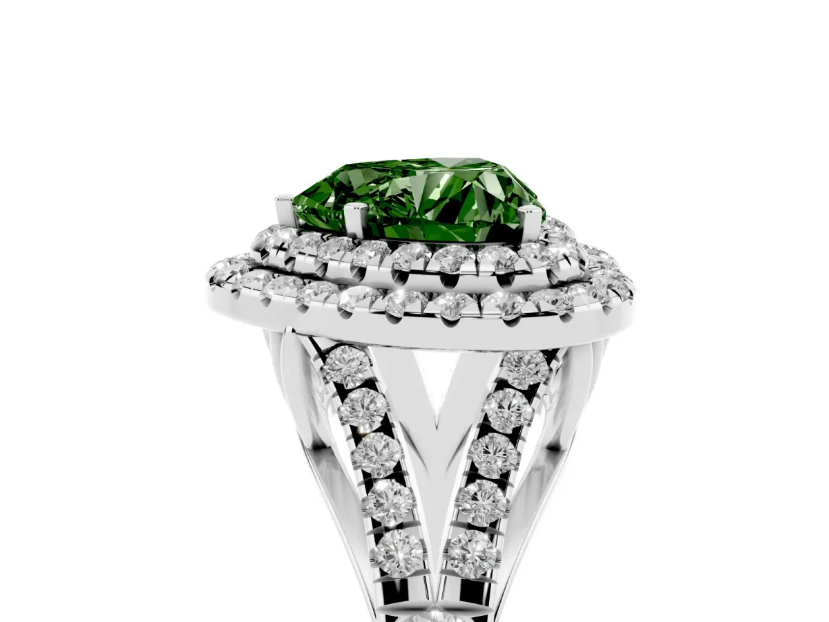 Fancy Green Double Halo Heart Cut Diamond Split Shank Engagement Ring with Four-Prong Setting Silver