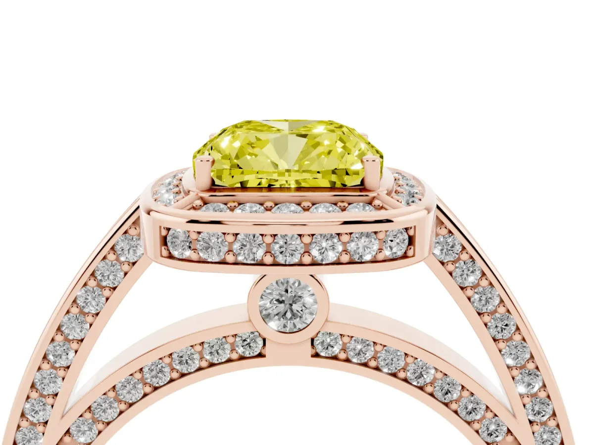 Fancy Yellow Cushion Cut Cut Halo Pave Split Shank Prong Setting Ring Rose gold