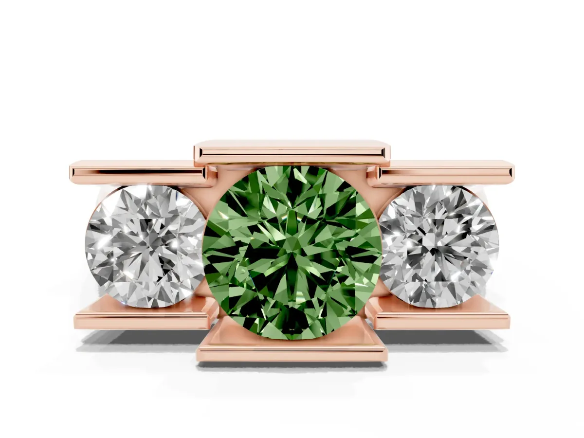 Fancy Green Three Stone Round Cut Cut Channel Set Diamond Ring Rose gold