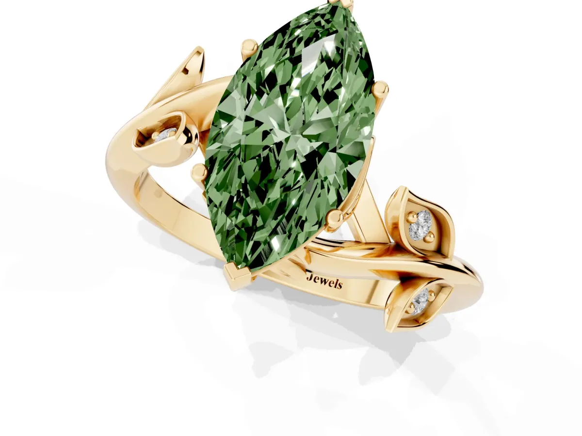 Fancy Green Marquise Cut Solitaire Twist Engagement Ring with Leaf Accents and Prong Setting Yellow gold