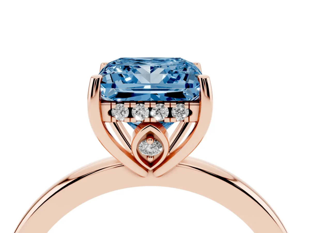 Fancy Blue Princess Cut Solitaire Diamond Ring with Prong Setting and Plain Band Rose gold