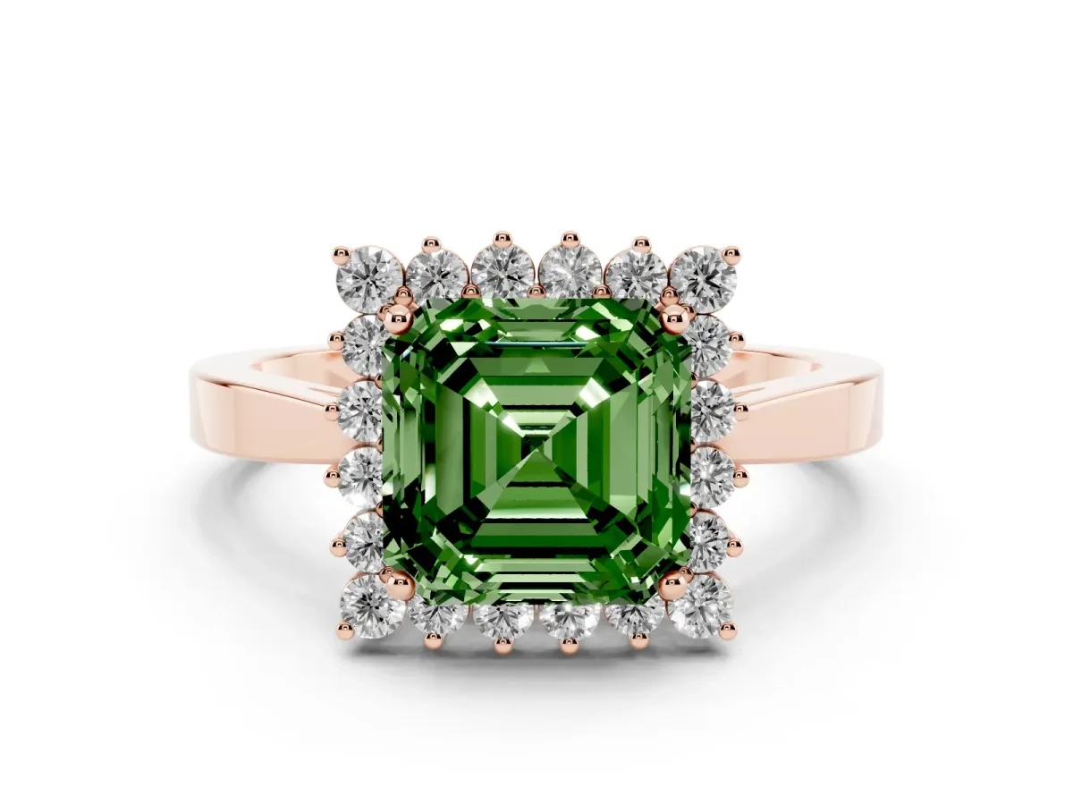 Fancy Green Asscher Cut Cut Diamond Halo Ring with Round Brilliant Halo and Solitaire Band Rose gold
