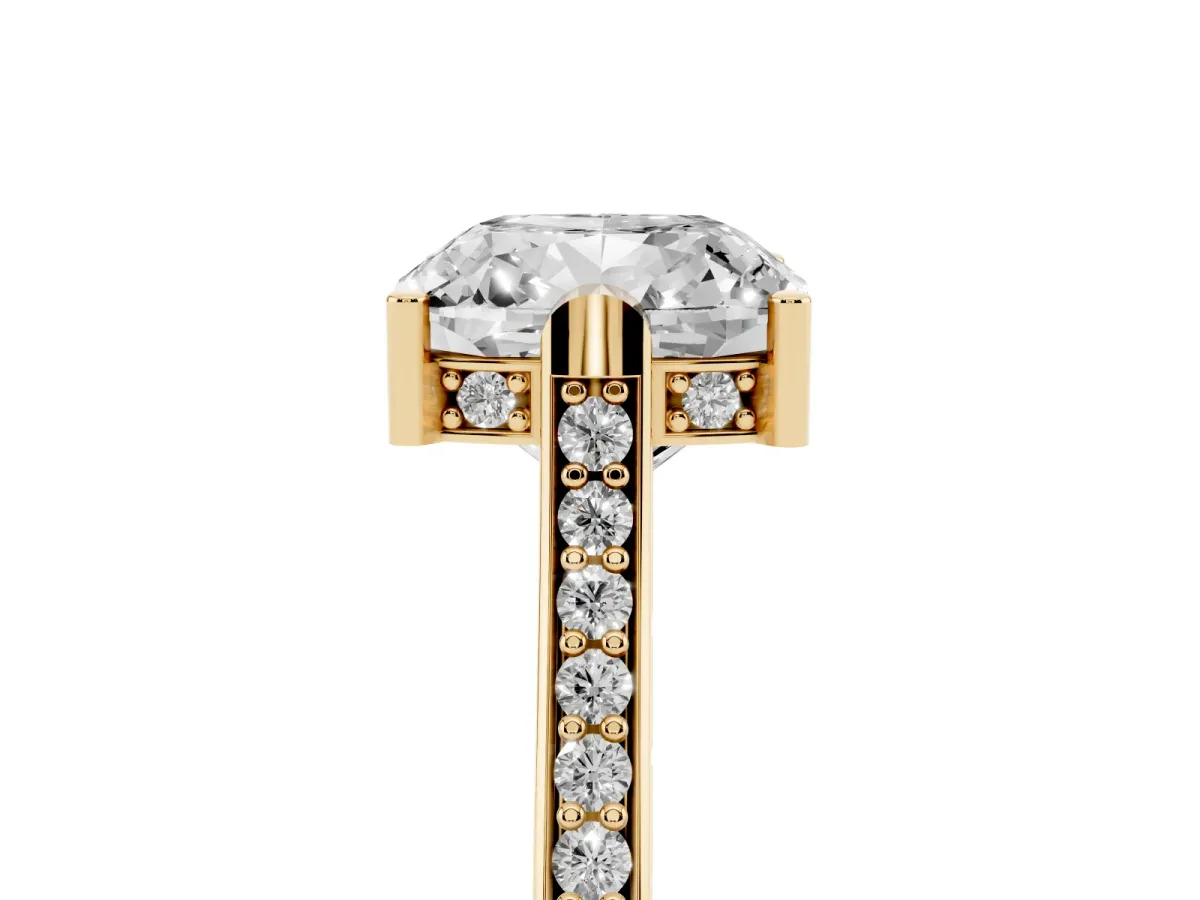 Cushion Cut Solitaire Diamond Ring with Channel Set Band and Bezel Prong Setting Yellow gold
