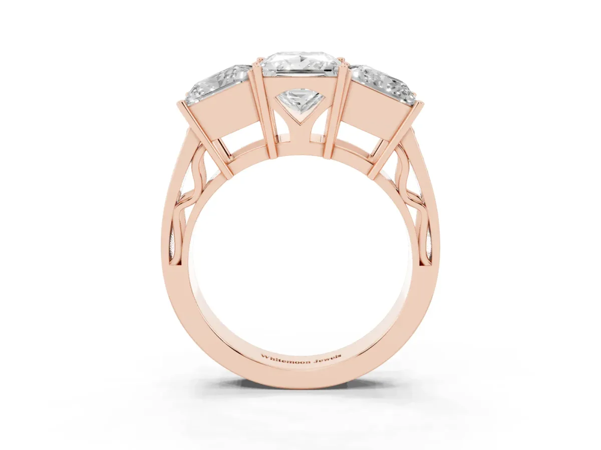 Princess Cut Diamond Three-Stone Ring with Prong Setting and Textured Band Rose gold