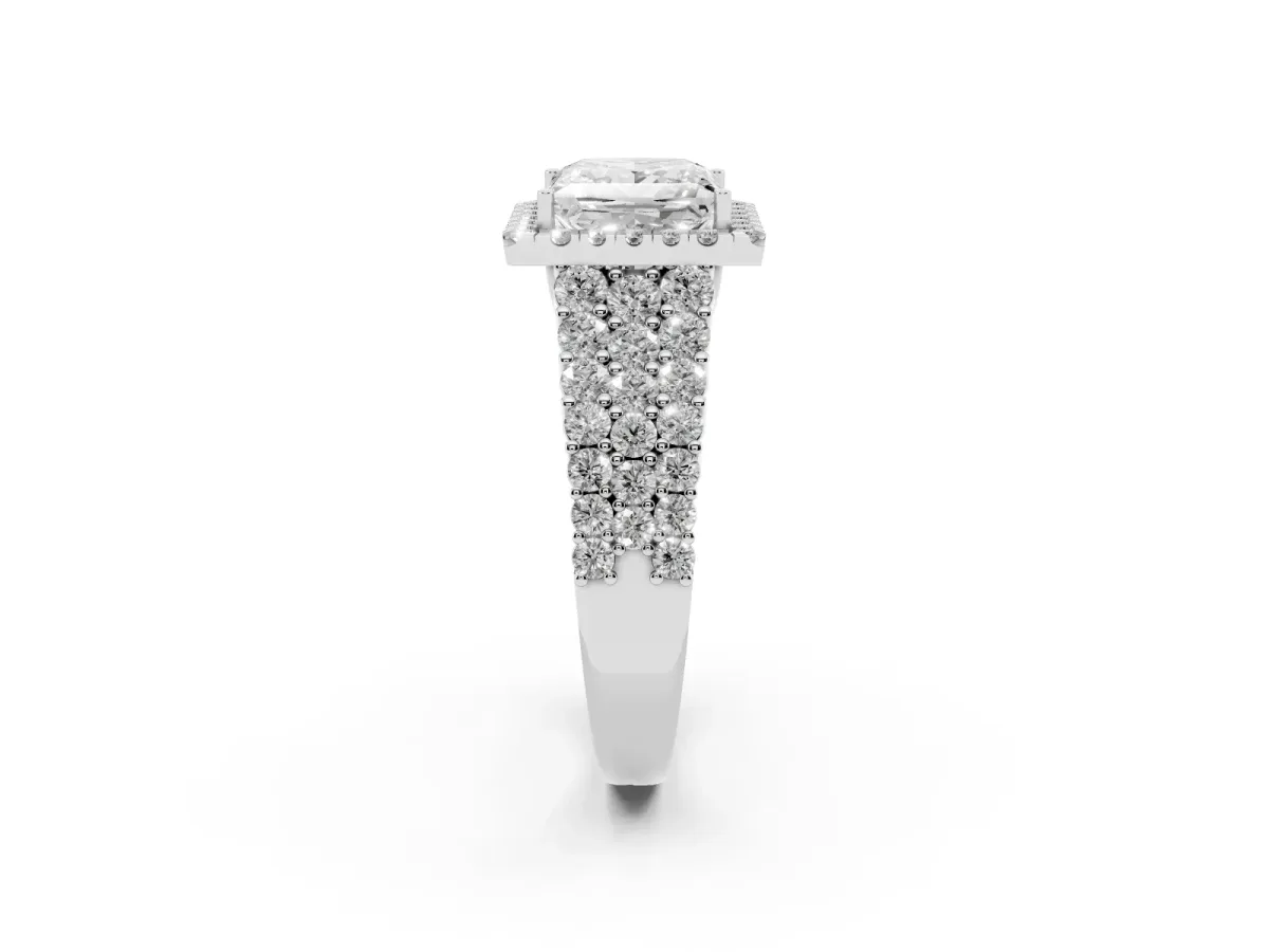Princess Cut Diamond Halo Engagement Ring with Triple Row Round Pavé Band and Prong Setting White gold