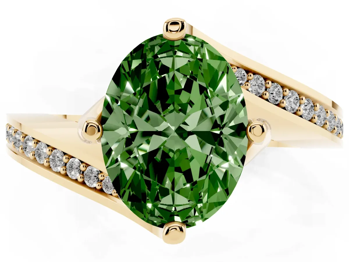 Fancy Green Oval Cut Solitaire Diamond Twist Band with Pavé Setting and Four-Prong Setting Yellow gold