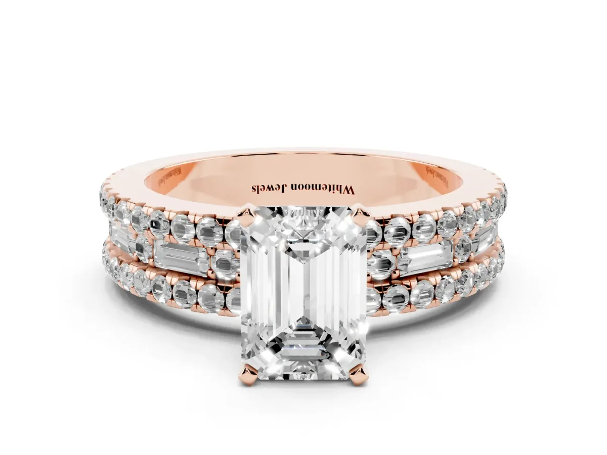 Emerald Cut Diamond Solitaire Ring with Pavé and Channel Set Band Rose gold