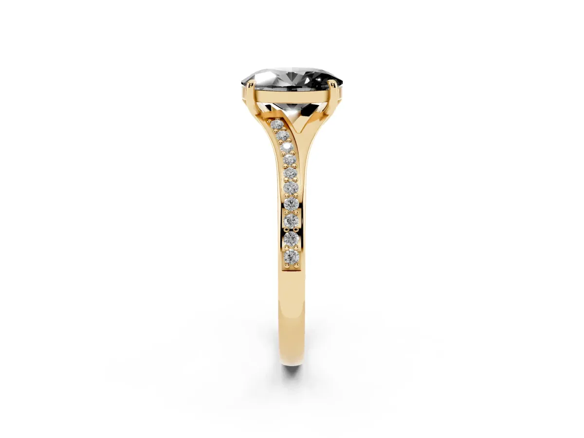 Fancy Black Oval Cut Diamond Solitaire Ring with Pavé Band and Prong Setting Yellow gold