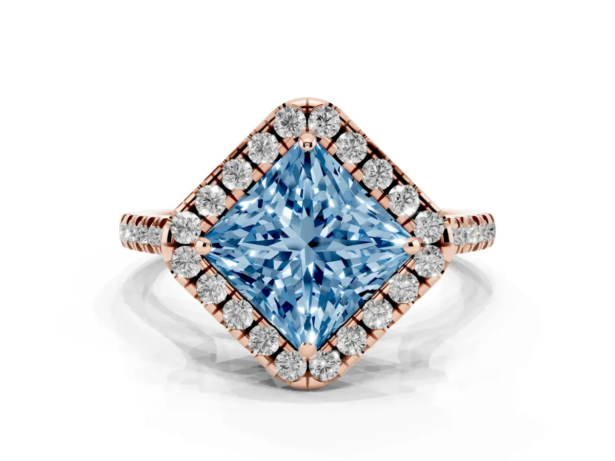 Fancy Blue Princess Cut Diamond Cushion Halo Ring with Pavé Band Rose gold