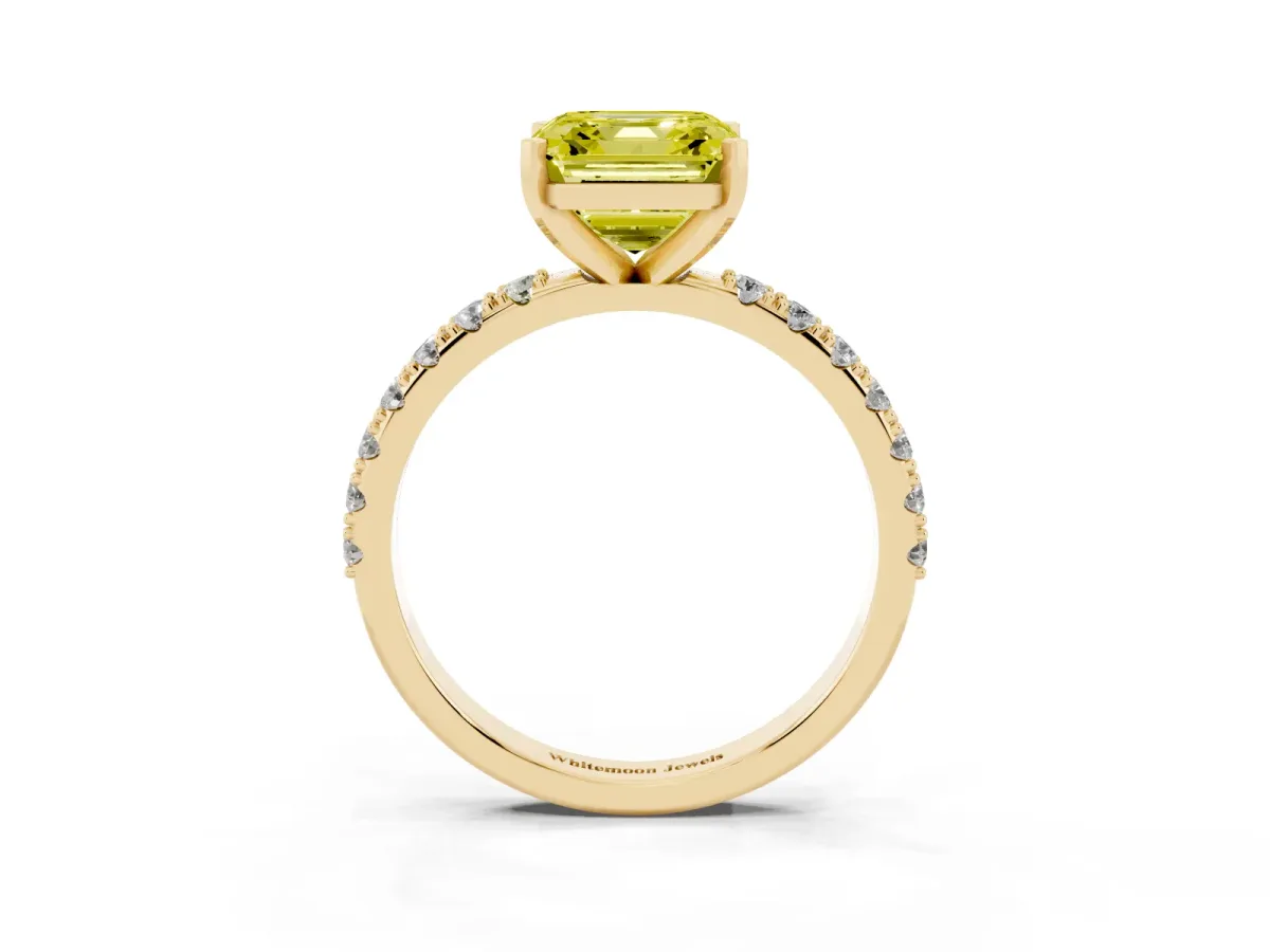 Fancy Yellow Asscher Cut Diamond Solitaire Pavé Band with Four-Prong Setting Yellow gold
