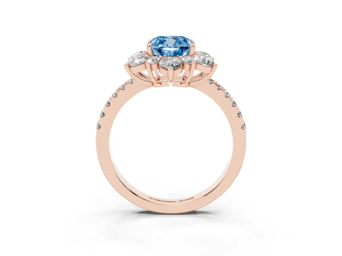 Fancy Blue Cushion Cut Diamond Floral Halo Ring with Round Pavé Band and Prong Setting Rose gold