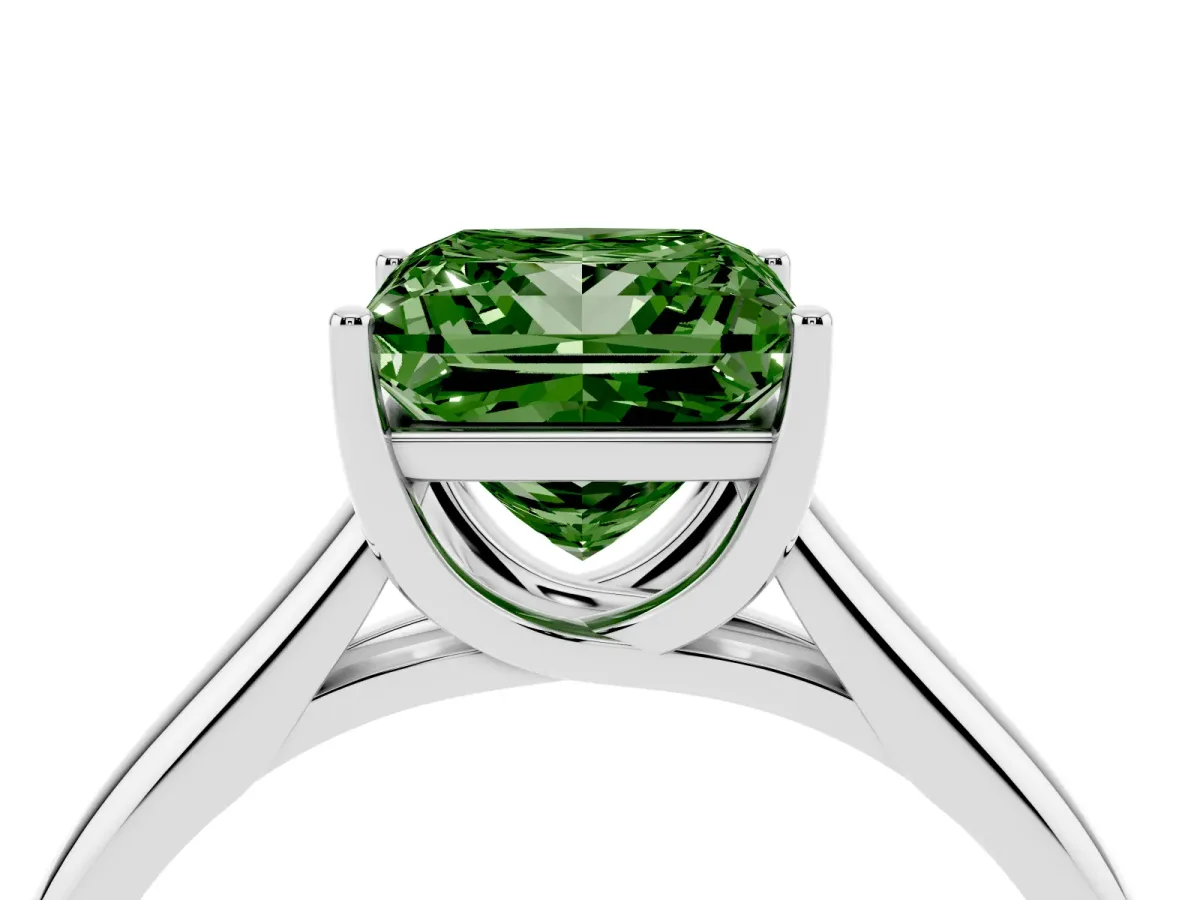 Fancy Green Princess Cut Solitaire Engagement Ring with Tapered Band and Four-Prong Setting Silver