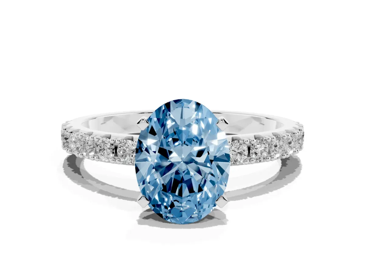 Fancy Blue Oval Cut Diamond Solitaire Pavé Band with Four-Prong Setting Silver