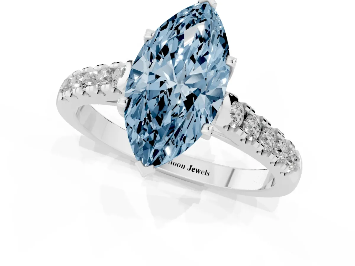Fancy Blue Marquise Cut Diamond Pavé Band Solitaire Ring with Prong Setting Silver