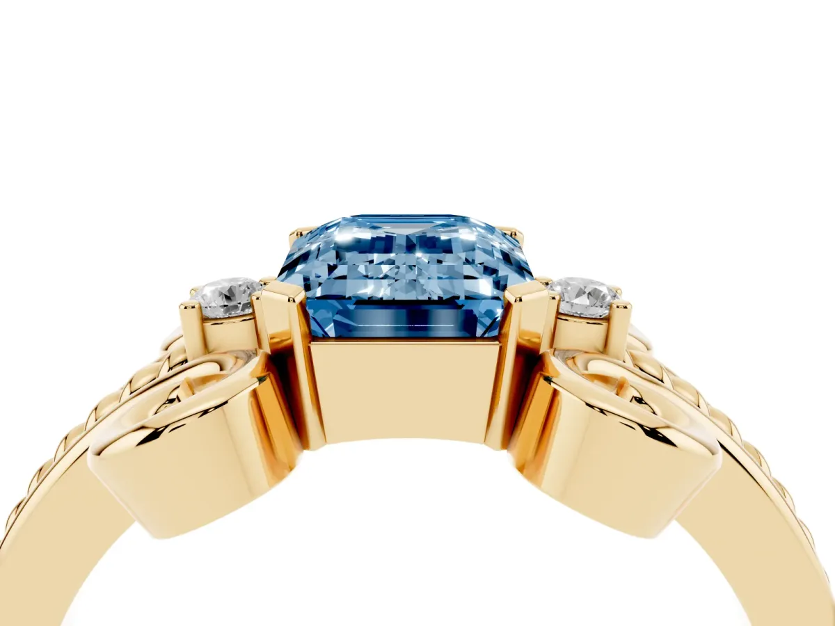 Fancy Blue Emerald Cut Solitaire Twisted Band Scroll Prong Ring Yellow gold