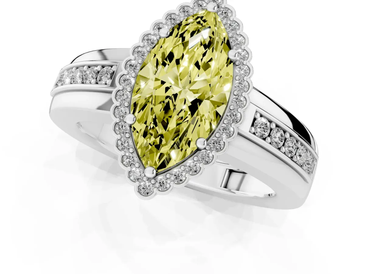 Fancy Yellow Marquise Cut Cut Halo Pave Band Four-Prong Ring White gold